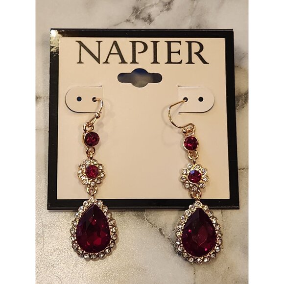 Napier Gold-Tone Red & Clear Crystal Teardrop Dangle Earrings For Women - Picture 1 of 5